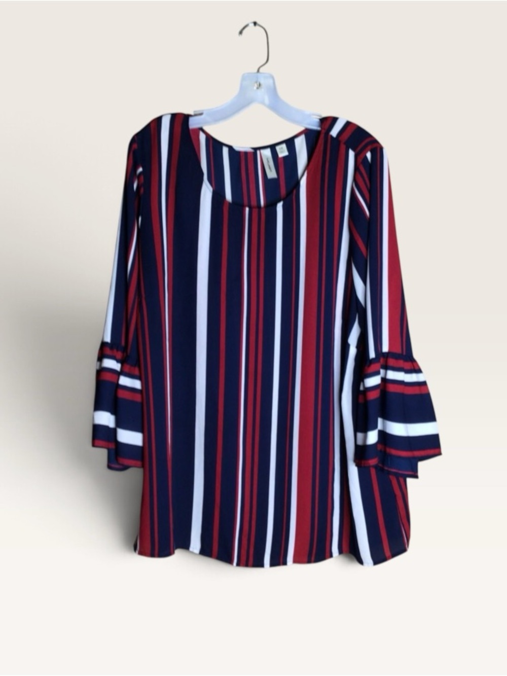 Tacera 2X Red Navy White Striped Bell Sleeve Blouse Plus Size